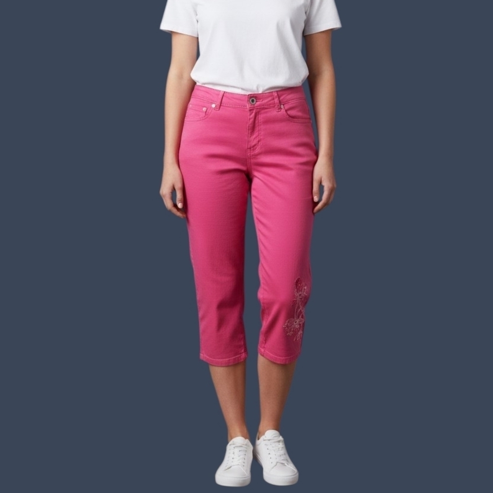 TANJAY Hot Pink High Rise Denim Pedal Pusher Wide Leg Floral Applique Jorts